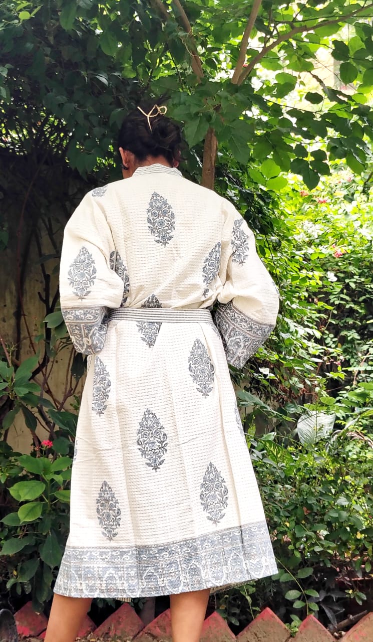 Grey Floral Printed Cotton Waffle Handblock Bathrobe