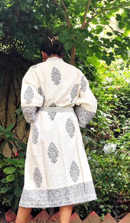 Grey Floral Printed Cotton Waffle Handblock Bathrobe