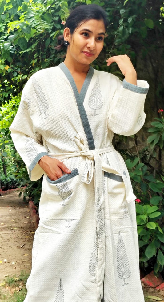 Grey Pine Printed Cotton Waffle Handblock Bathrobe