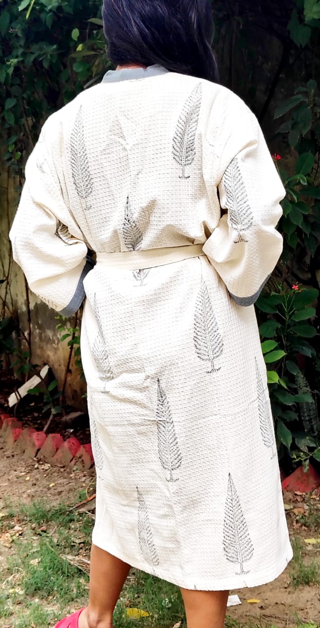 Grey Pine Printed Cotton Waffle Handblock Bathrobe