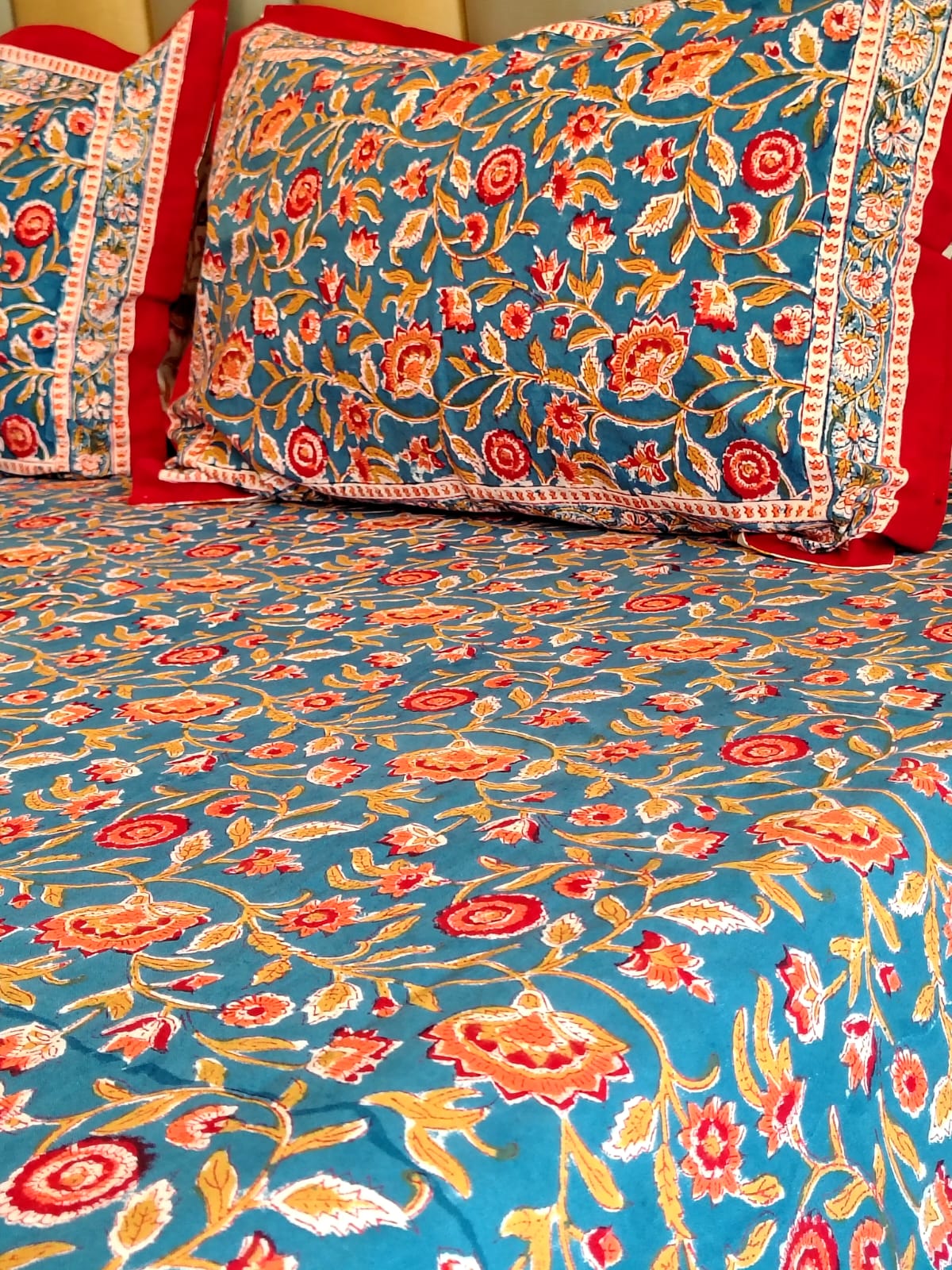 Begum Blue Floral Hand Block Bedsheet with Two Reversible Pillow Covers