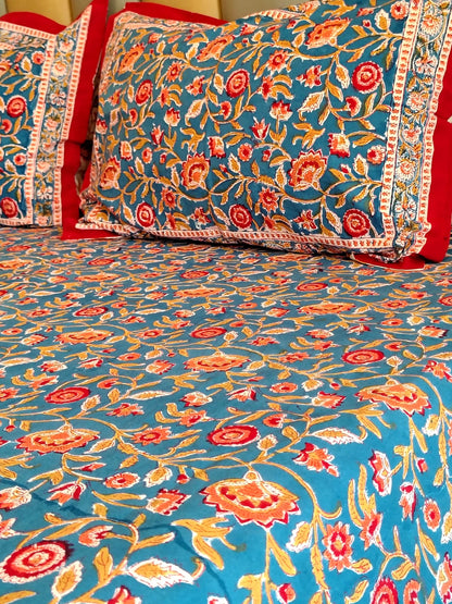Begum Blue Floral Hand Block Bedsheet with Two Reversible Pillow Covers