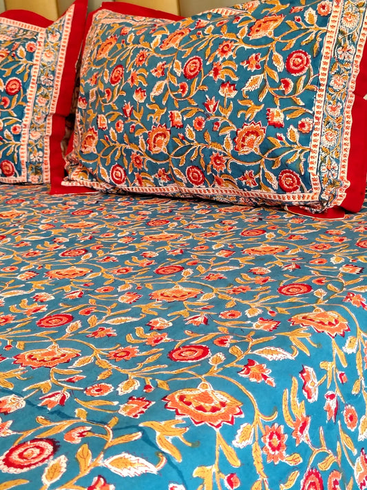 Begum Blue Floral Hand Block Bedsheet with Two Reversible Pillow Covers