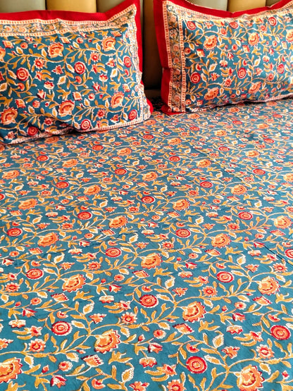 Begum Blue Floral Hand Block Bedsheet with Two Reversible Pillow Covers