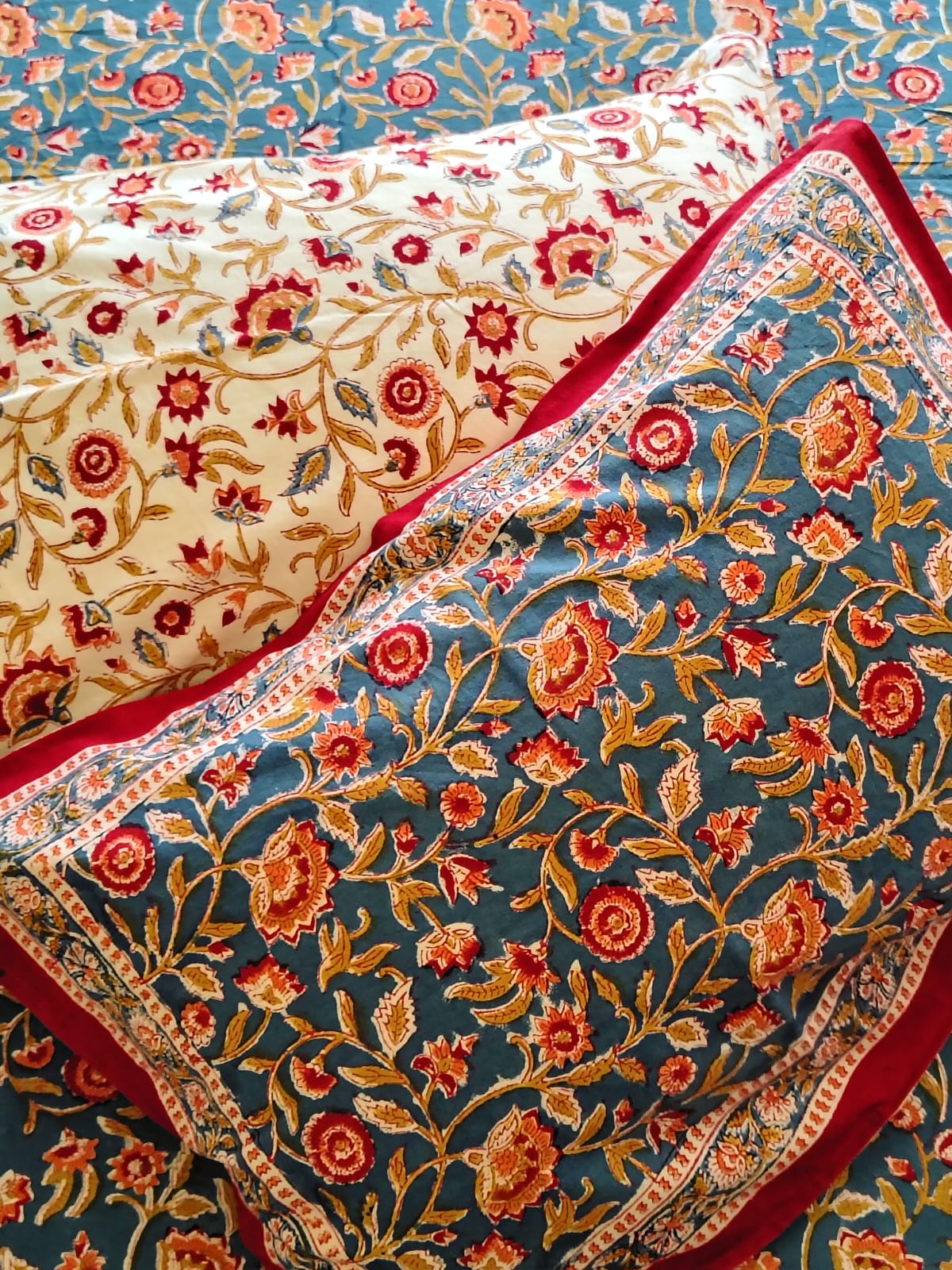 Begum Blue Floral Hand Block Bedsheet with Two Reversible Pillow Covers