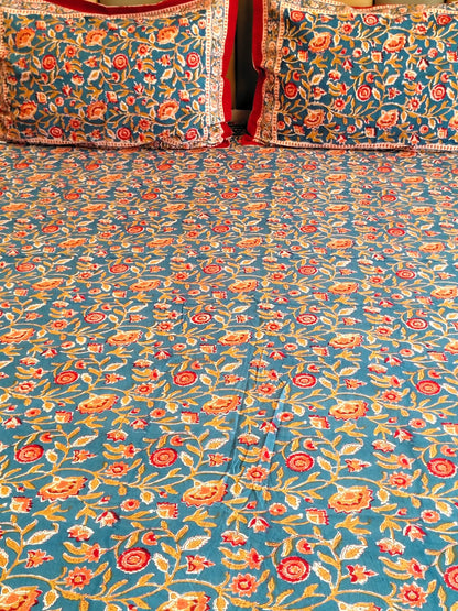 Begum Blue Floral Hand Block Bedsheet with Two Reversible Pillow Covers