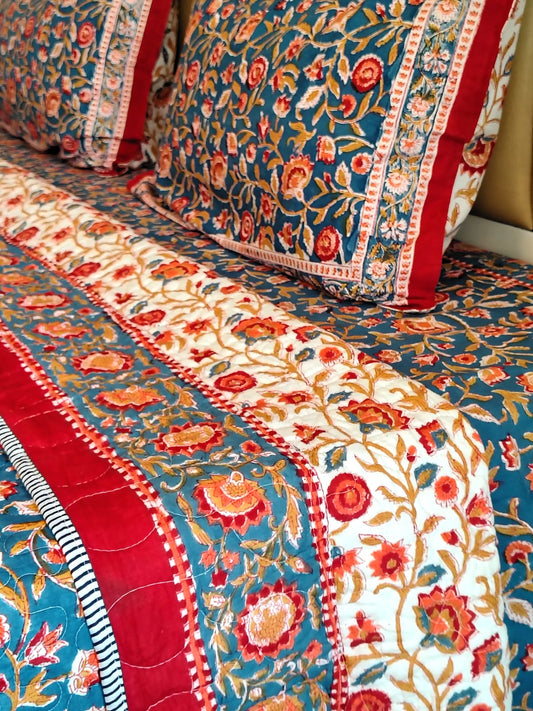 Begum Blue Floral Block Print Bedsheet and Bedcover - 4 Piece Combo