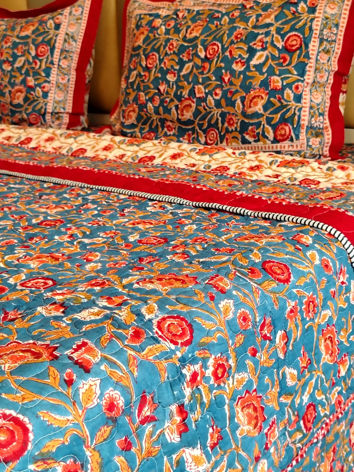 Begum Blue Floral Block Print Bedsheet and Bedcover - 4 Piece Combo