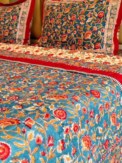 Begum Blue Floral Block Print Bedsheet and Bedcover - 4 Piece Combo
