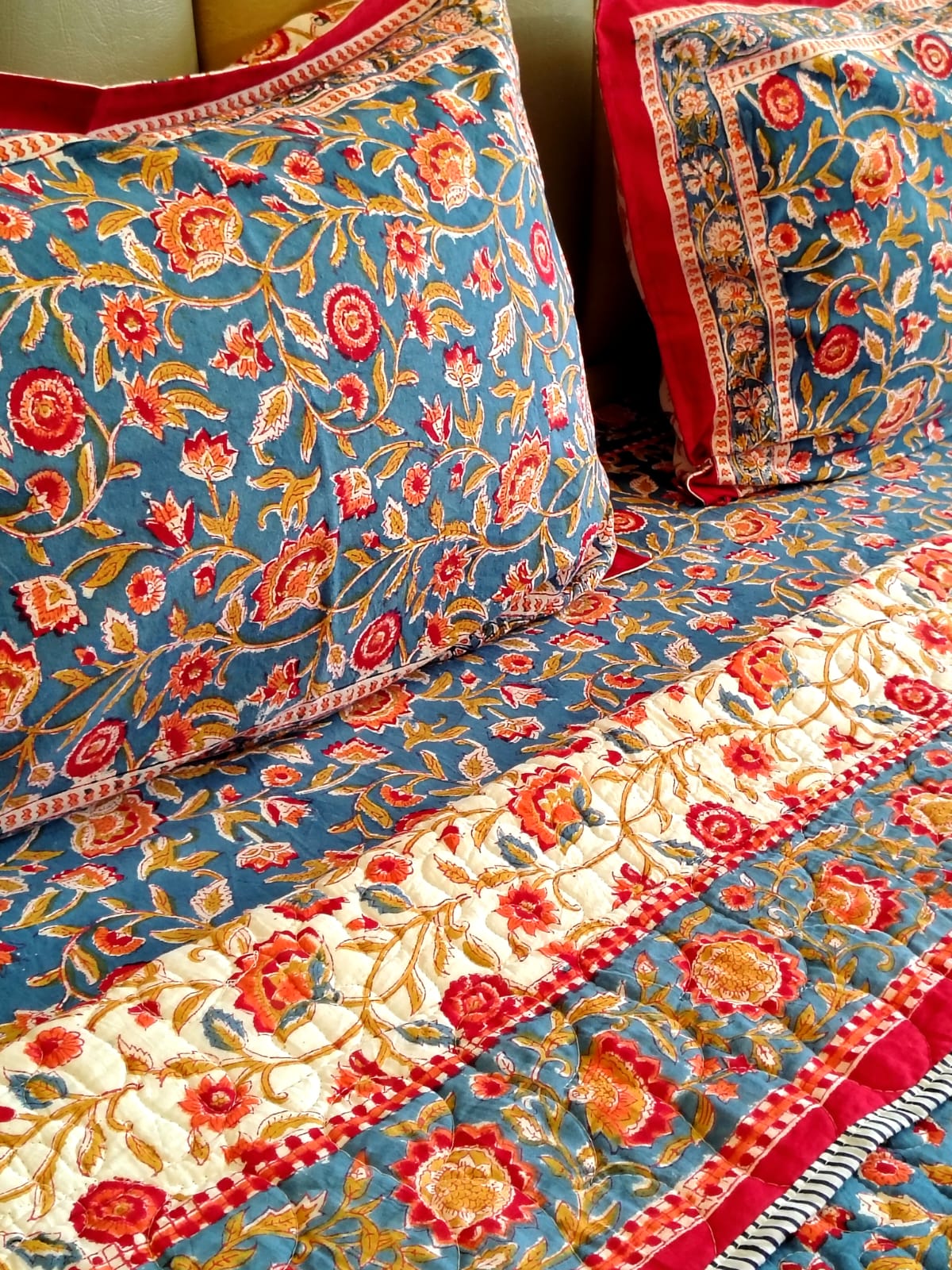 Begum Blue Floral Block Print Bedsheet and Bedcover - 4 Piece Combo