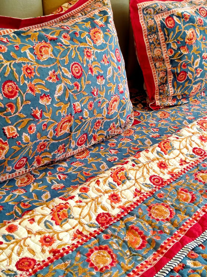 Begum Blue Floral Block Print Bedsheet and Bedcover - 4 Piece Combo