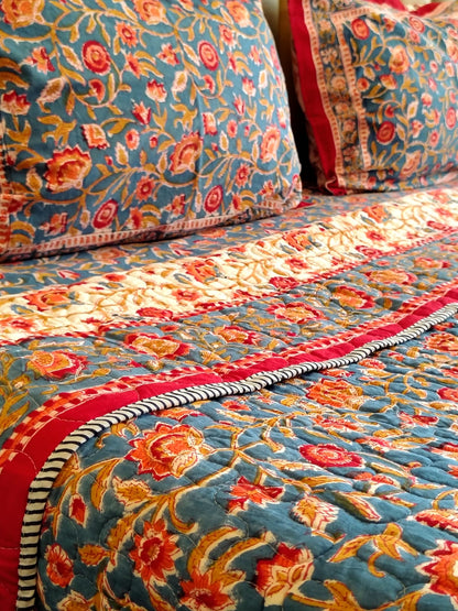 Begum Blue Floral Block Print Bedsheet and Bedcover - 4 Piece Combo