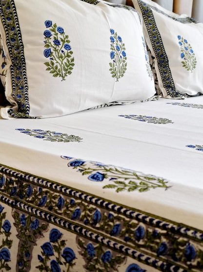 Blue Floral Bunch Block Printed Bedsheet with Two Reversible Pillow Covers