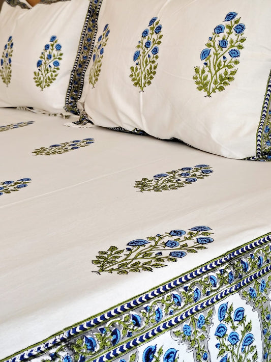 Blue Floral Bunch Block Printed Bedsheet with Two Reversible Pillow Covers
