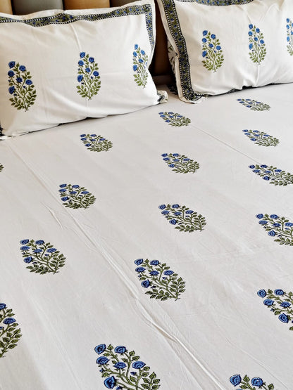 Blue Rose Block Print Bedsheet and Bedcover - 6 Piece Combo