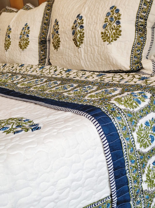 Blue Floral Jaal Quilted Bedcover Set