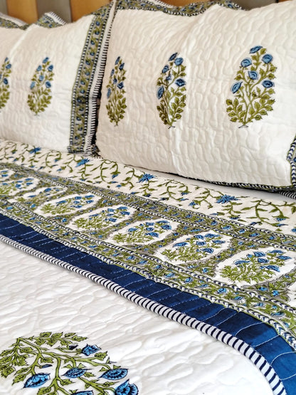 Blue Rose Block Print Bedsheet and Bedcover - 6 Piece Combo