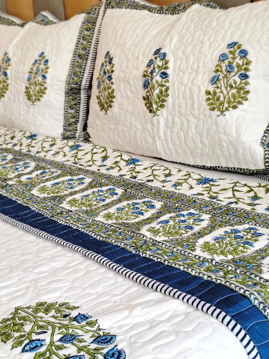 Blue Rose Block Print Bedsheet and Bedcover - 6 Piece Combo