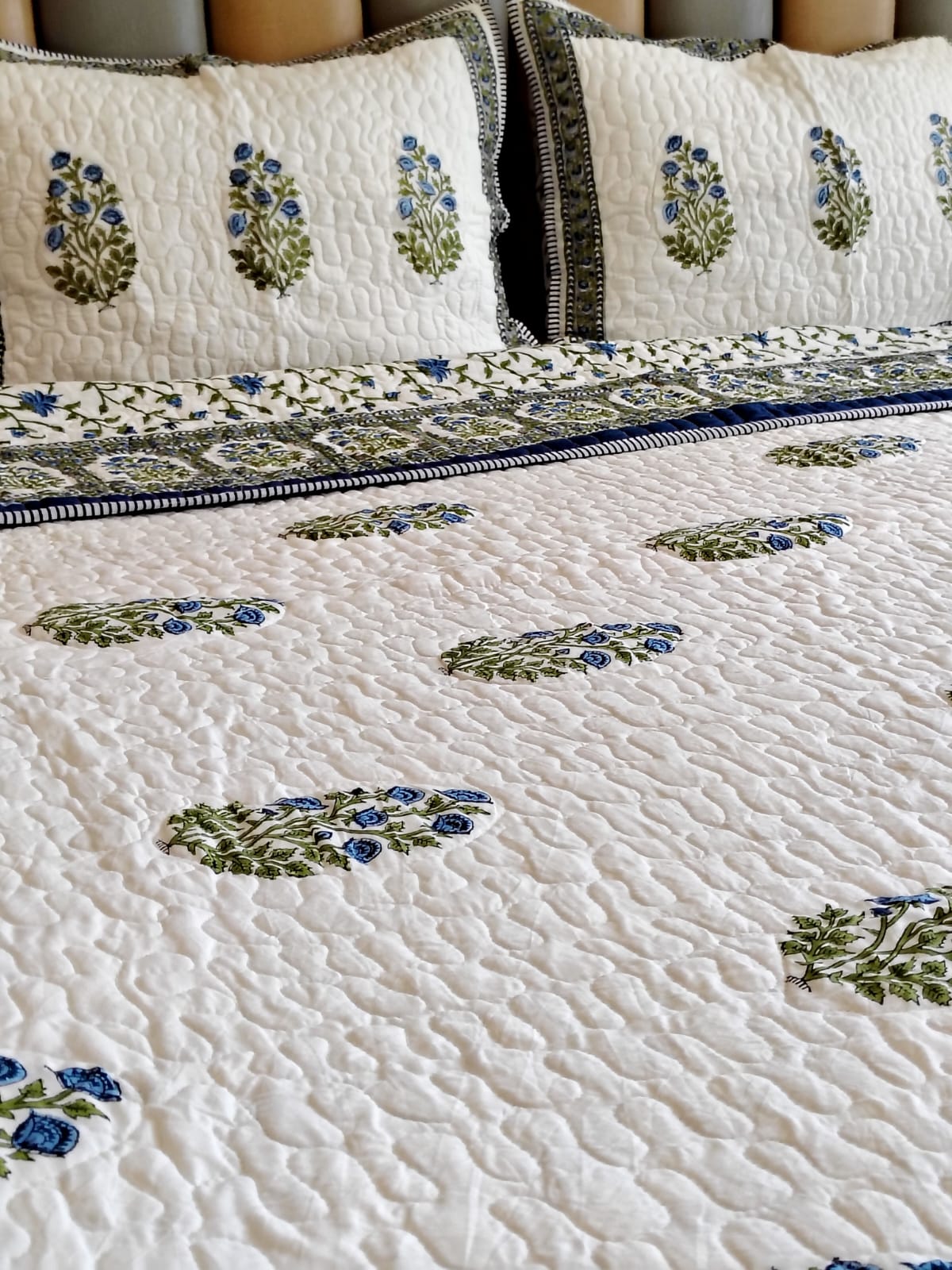 Blue Rose Block Print Bedsheet and Bedcover - 6 Piece Combo