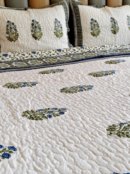 Blue Rose Block Print Bedsheet and Bedcover - 6 Piece Combo