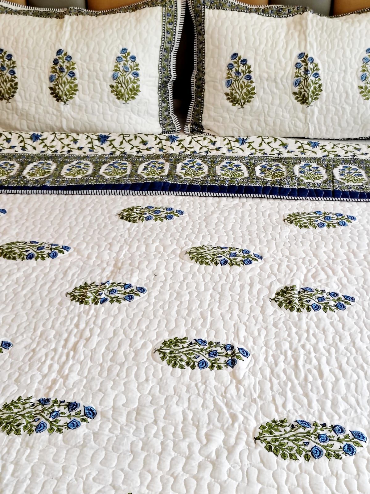 Blue Rose Block Print Bedsheet and Bedcover - 6 Piece Combo