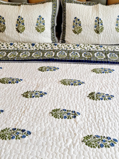 Blue Rose Block Print Bedsheet and Bedcover - 6 Piece Combo