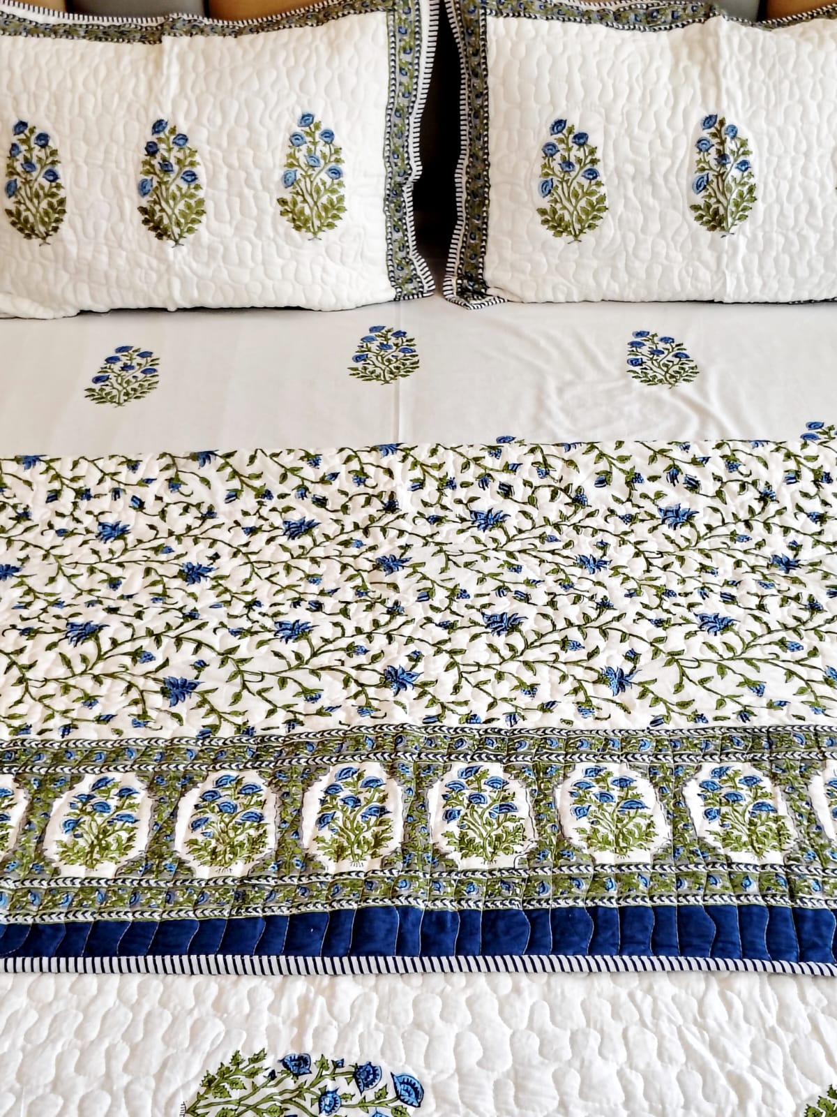 Blue Rose Block Print Bedsheet and Bedcover - 6 Piece Combo