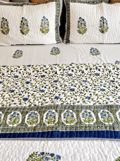 Blue Rose Block Print Bedsheet and Bedcover - 6 Piece Combo