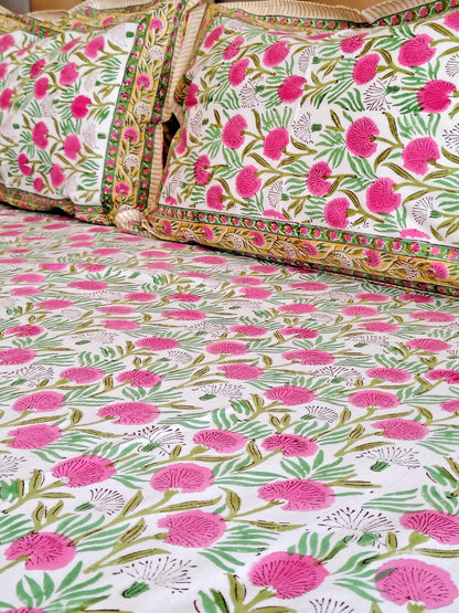 Pink Blossom Block Printed Bedsheet with Two Reversible Pillow Covers