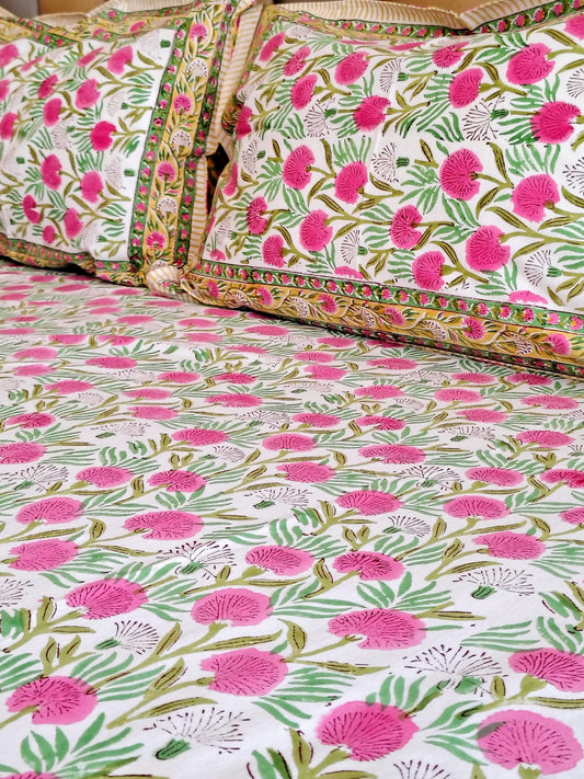 Pink Blossom Block Printed Bedsheet with Two Reversible Pillow Covers