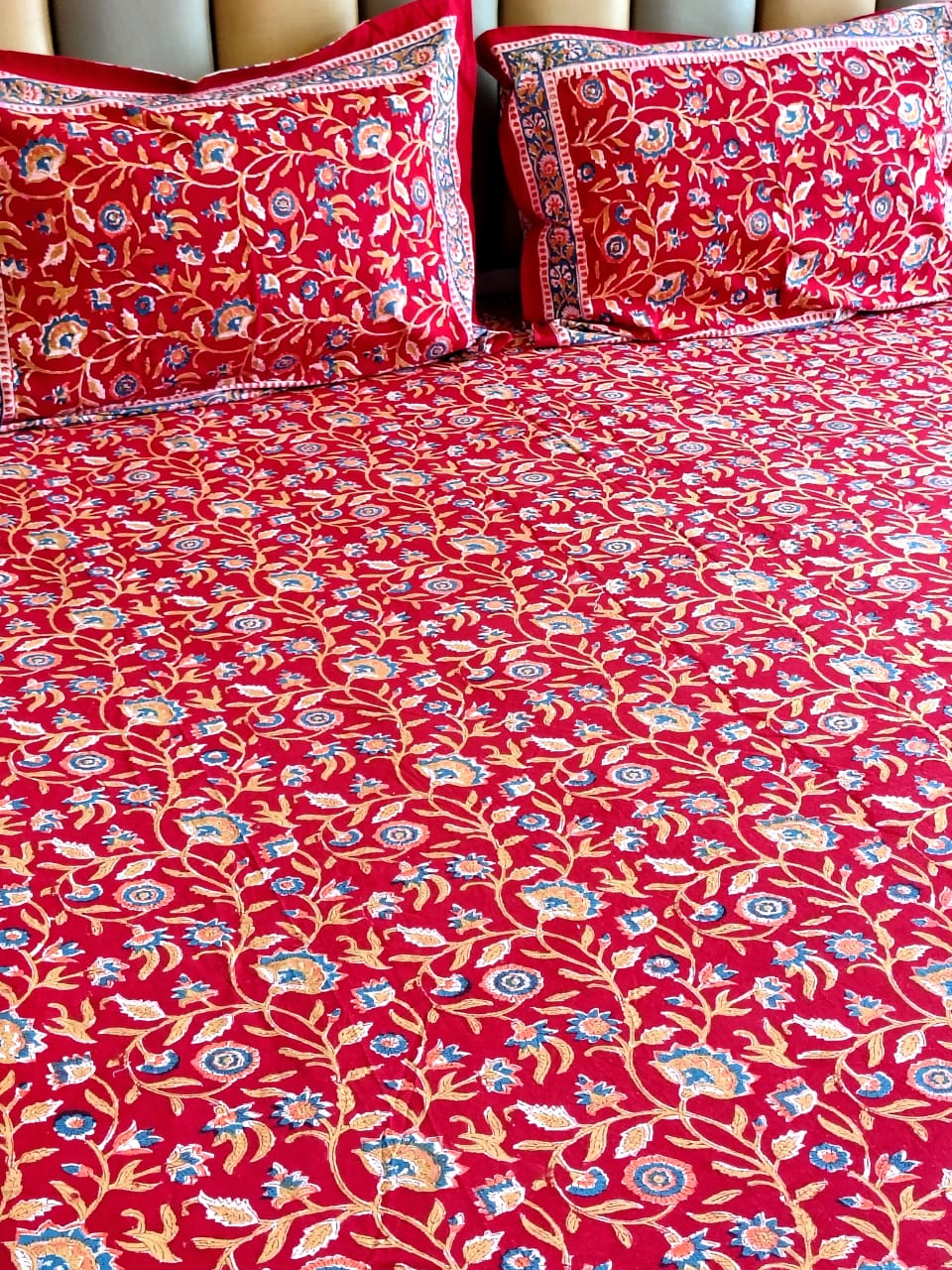 Begum Red Floral Block Printed Bedsheet with Two Reversible Pillow Covers