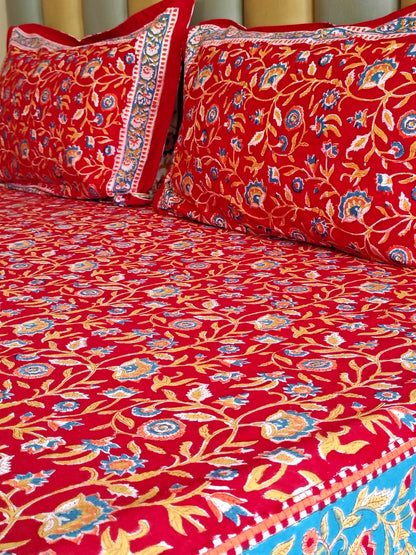 Begum Red Floral Hand Blocked Bedsheet and Bedcover Combo - 6 Piece Combo