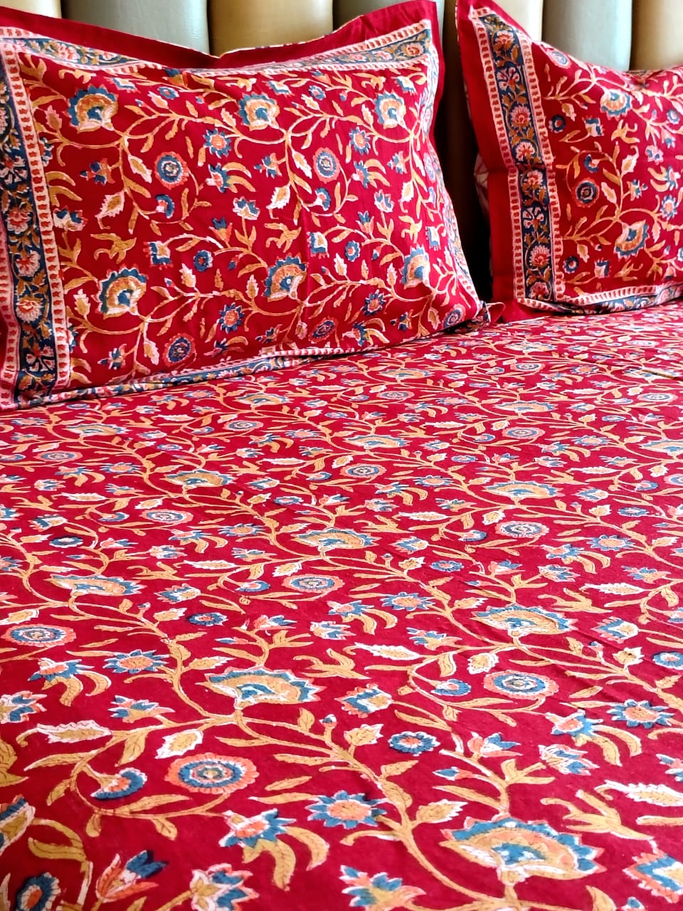 Begum Red Floral Block Printed Bedsheet with Two Reversible Pillow Covers