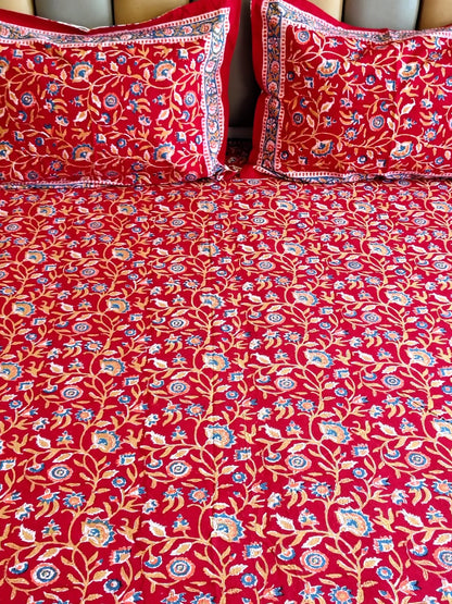 Begum Red Floral Block Printed Bedsheet with Two Reversible Pillow Covers