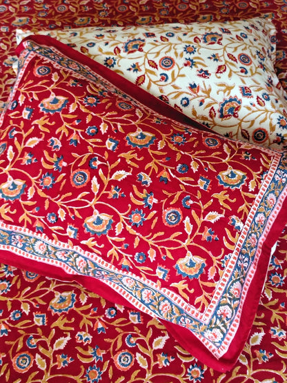 Begum Red Floral Hand Blocked Bedsheet and Bedcover Combo - 6 Piece Combo