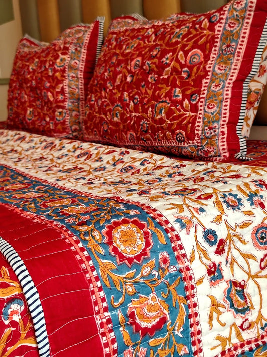 Begum Red Floral Hand Blocked Bedsheet and Bedcover Combo - 6 Piece Combo
