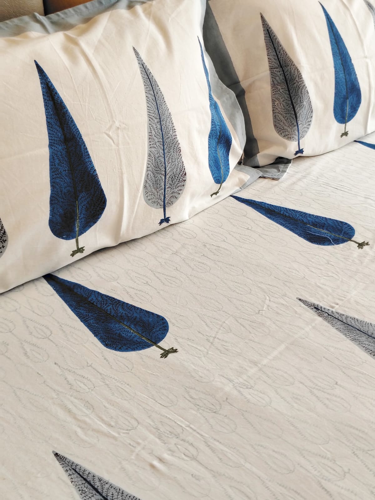 Begum Blue Pine Block Printed Bedsheet with Two Reversible Pillow Covers