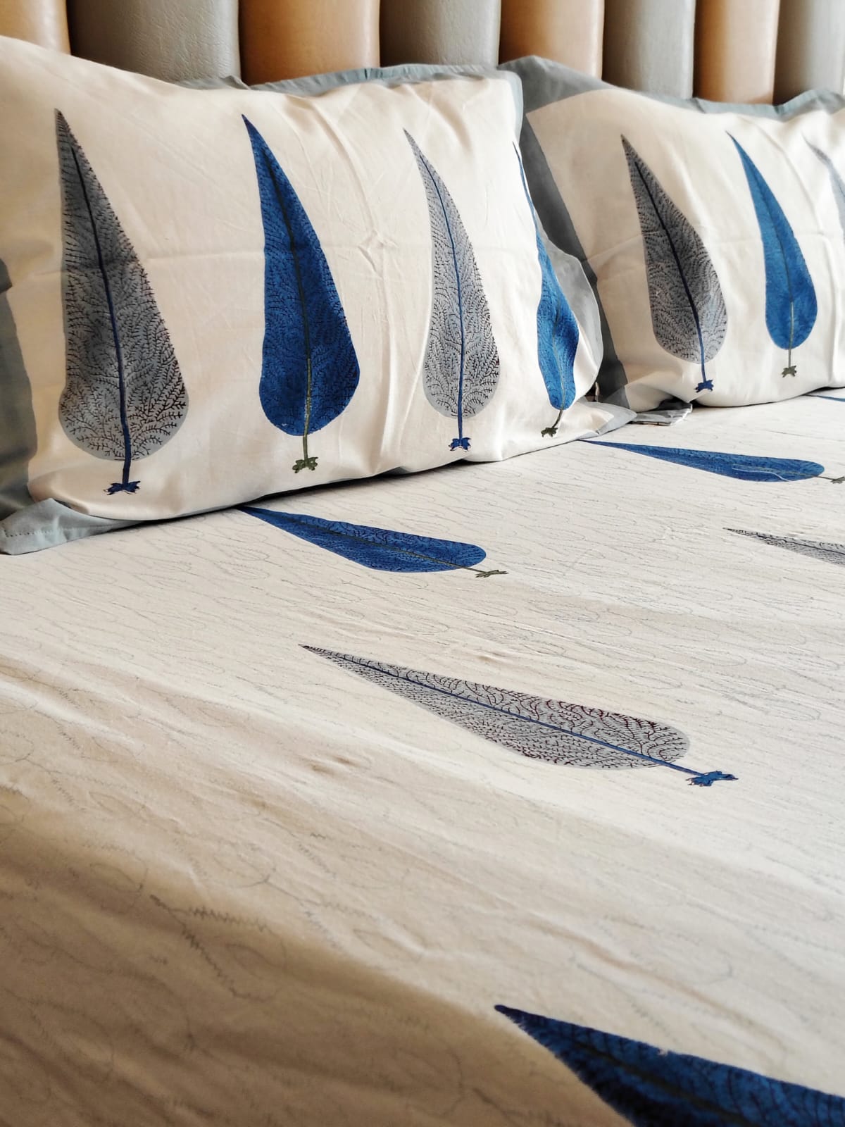 Begum Blue Pine Block Printed Bedsheet with Two Reversible Pillow Covers