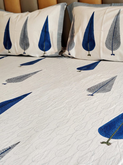 Begum Blue Pine Block Printed Bedsheet with Two Reversible Pillow Covers