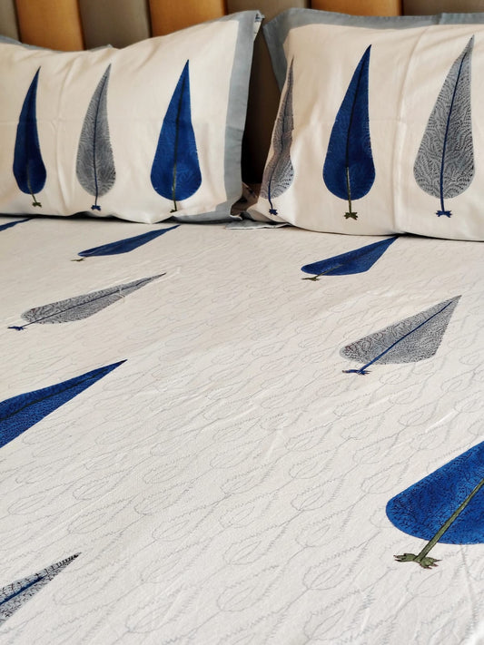 Begum Blue Pine Block Printed Bedsheet with Two Reversible Pillow Covers