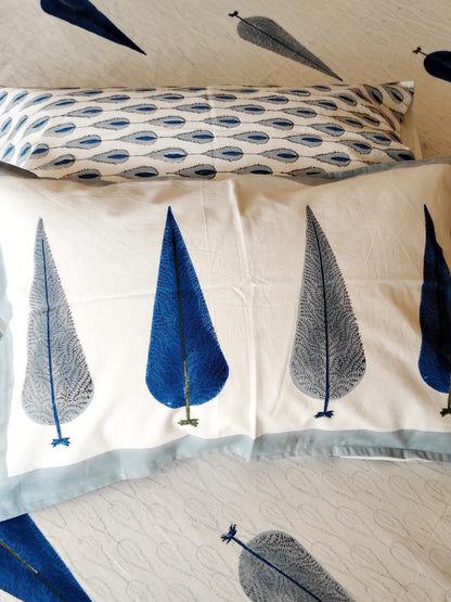 Begum Blue Pine Block Printed Bedsheet with Two Reversible Pillow Covers