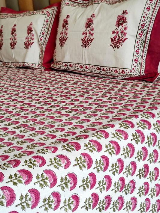 Red Floral Jaal Block Printed Bedsheet with Two Reversible Pillow Covers