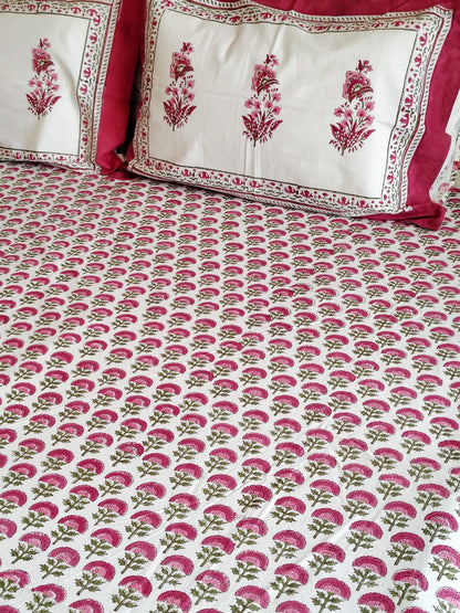 Red Floral Jaal Block Printed Bedsheet with Two Reversible Pillow Covers