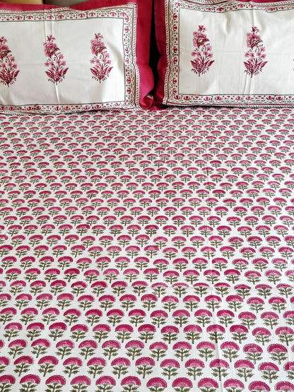 Red Floral Jaal Block Printed Bedsheet with Two Reversible Pillow Covers