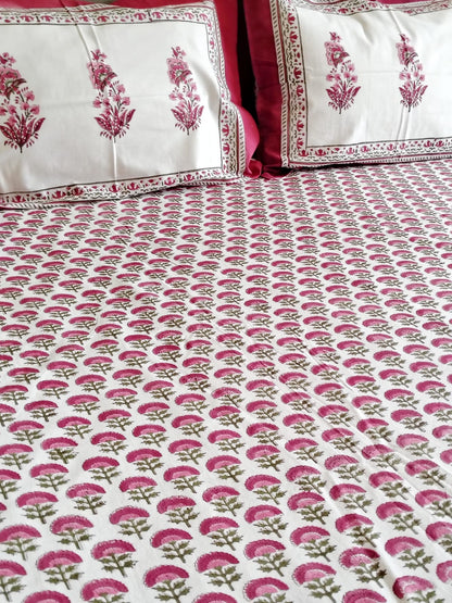 Red Floral Jaal Block Printed Bedsheet with Two Reversible Pillow Covers