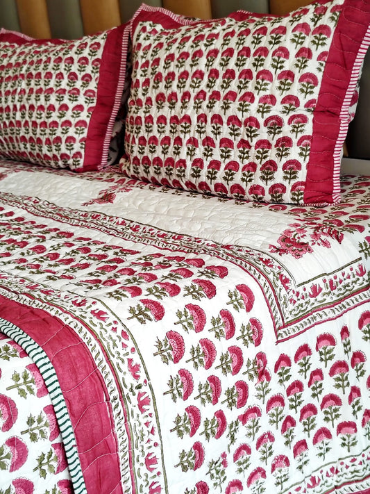 Red Floral Jaal Quilted Bedcover Set