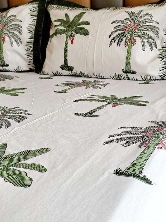 Green Palm Tree Block Printed Bedsheet with Two Reversible Pillow Covers