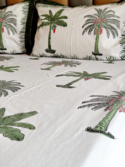 Green Palm Tree Block Print Bedsheet and Bedcover - 4 Piece Combo