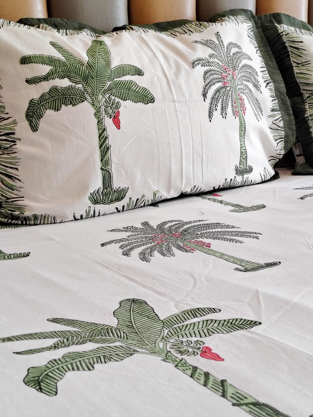 Green Palm Tree Block Printed Bedsheet with Two Reversible Pillow Covers