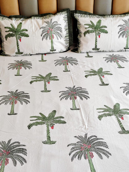 Green Palm Tree Block Printed Bedsheet with Two Reversible Pillow Covers